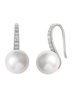 Sterling Silver White Pearl Drop Earrings with Cubic Zirconia Accents
